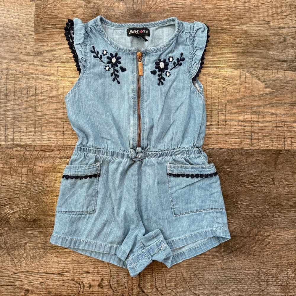 Limited Too Baby Toddler Y2K Denim Romper With Floral Embroidery 24 Months
